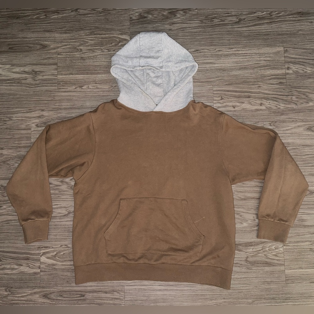Richie Le Men Sweatshirt Tan/Gray Daily Hoodie Pockets Long Sleeve Hooded Sz 2XL
